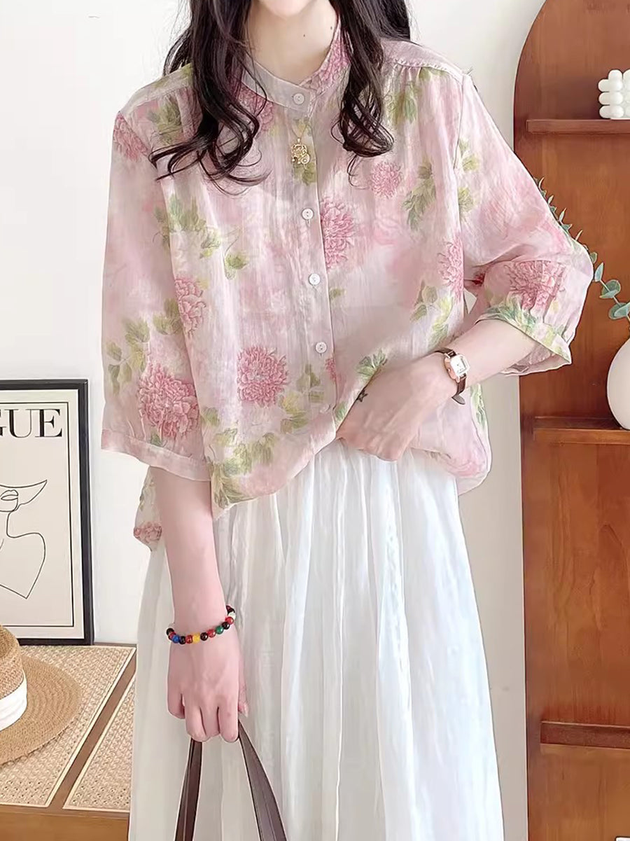 Chemise boutonnée vintage en ramie à fleurs d'été pour femmes FG1033