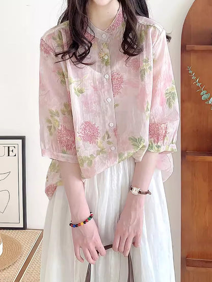 Women Summer Flower Vintage Ramie Button-up Shirt FG1033