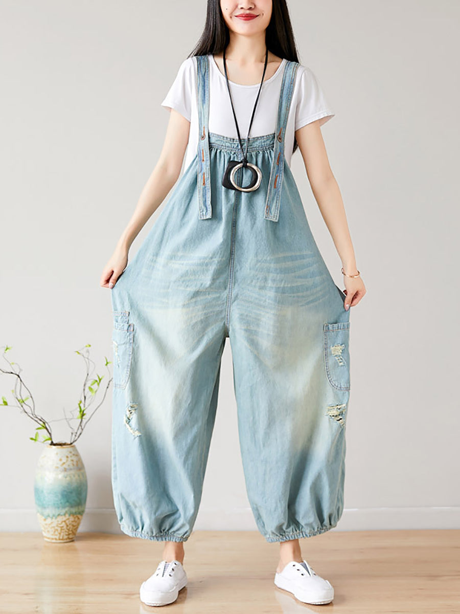 Women Summer  Retro Frayed Washed Denim Jumpsuits FG1034