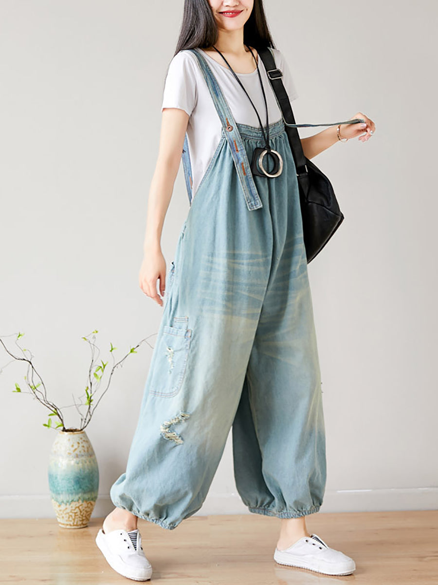 Damen Sommer Retro Ausgefranste Washed Denim Overalls FG1034