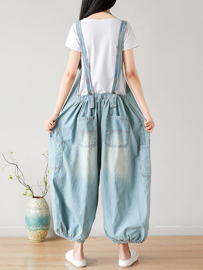 Women Summer  Retro Frayed Washed Denim Jumpsuits FG1034