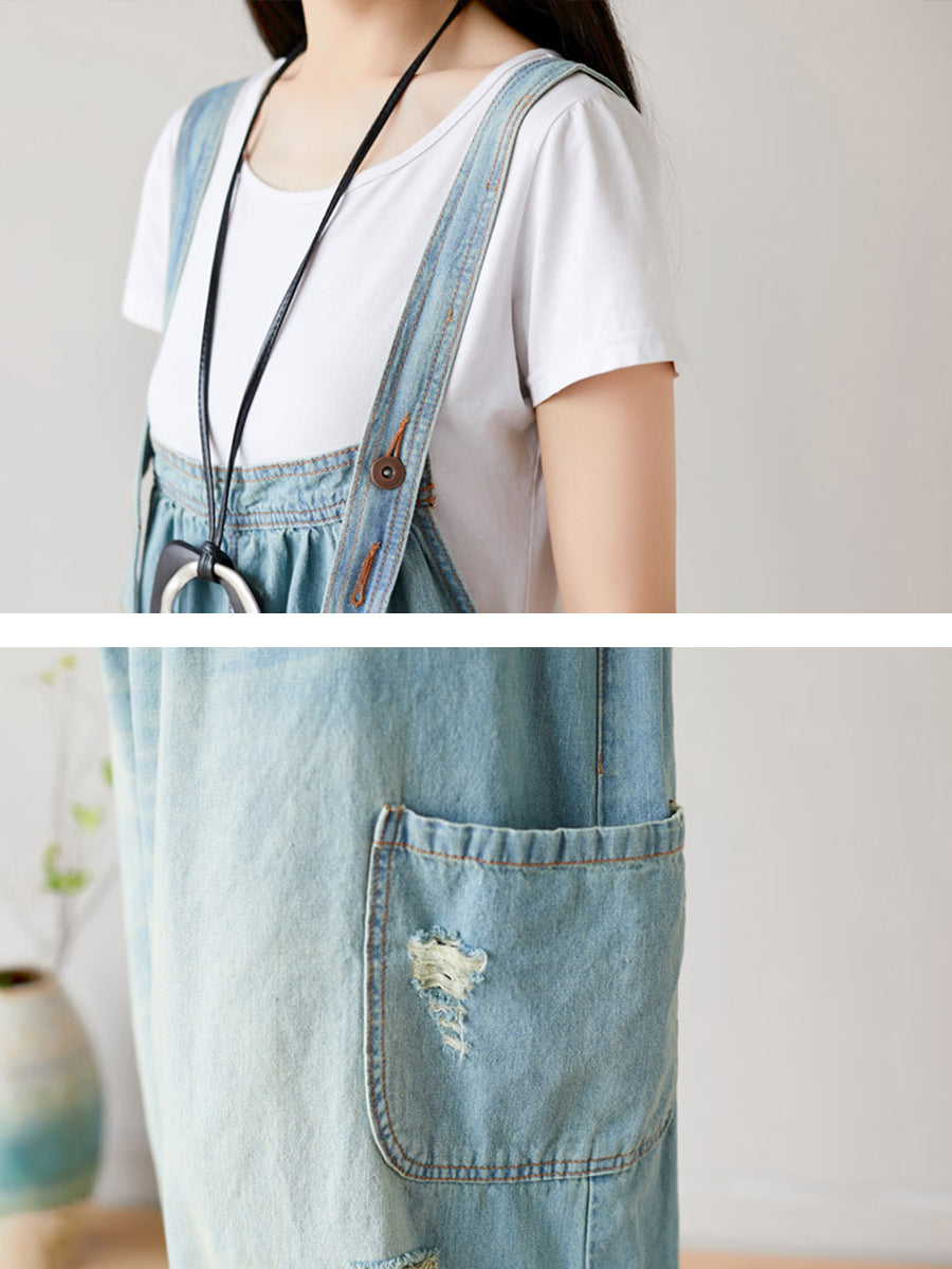 Damen Sommer Retro Ausgefranste Washed Denim Overalls FG1034