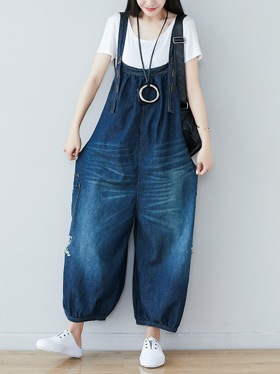 Women Summer  Retro Frayed Washed Denim Jumpsuits FG1034