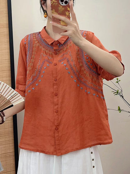 Women Summer Ethnic Embroidery Button-up Shirt FG1042