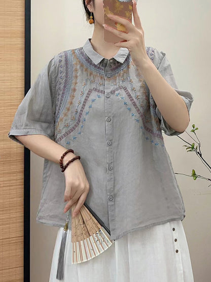 Women Summer Ethnic Embroidery Button-up Shirt FG1042