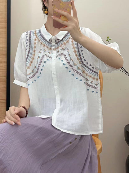 Women Summer Ethnic Embroidery Button-up Shirt FG1042