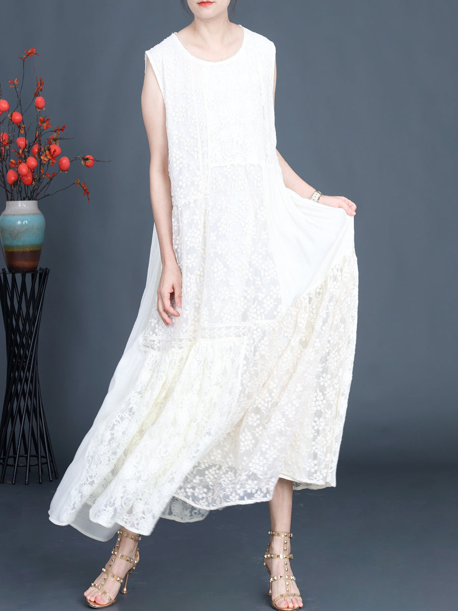 Women Artsy Summer Lace Embroidery Dual-layer Vest Dress ZZ1024