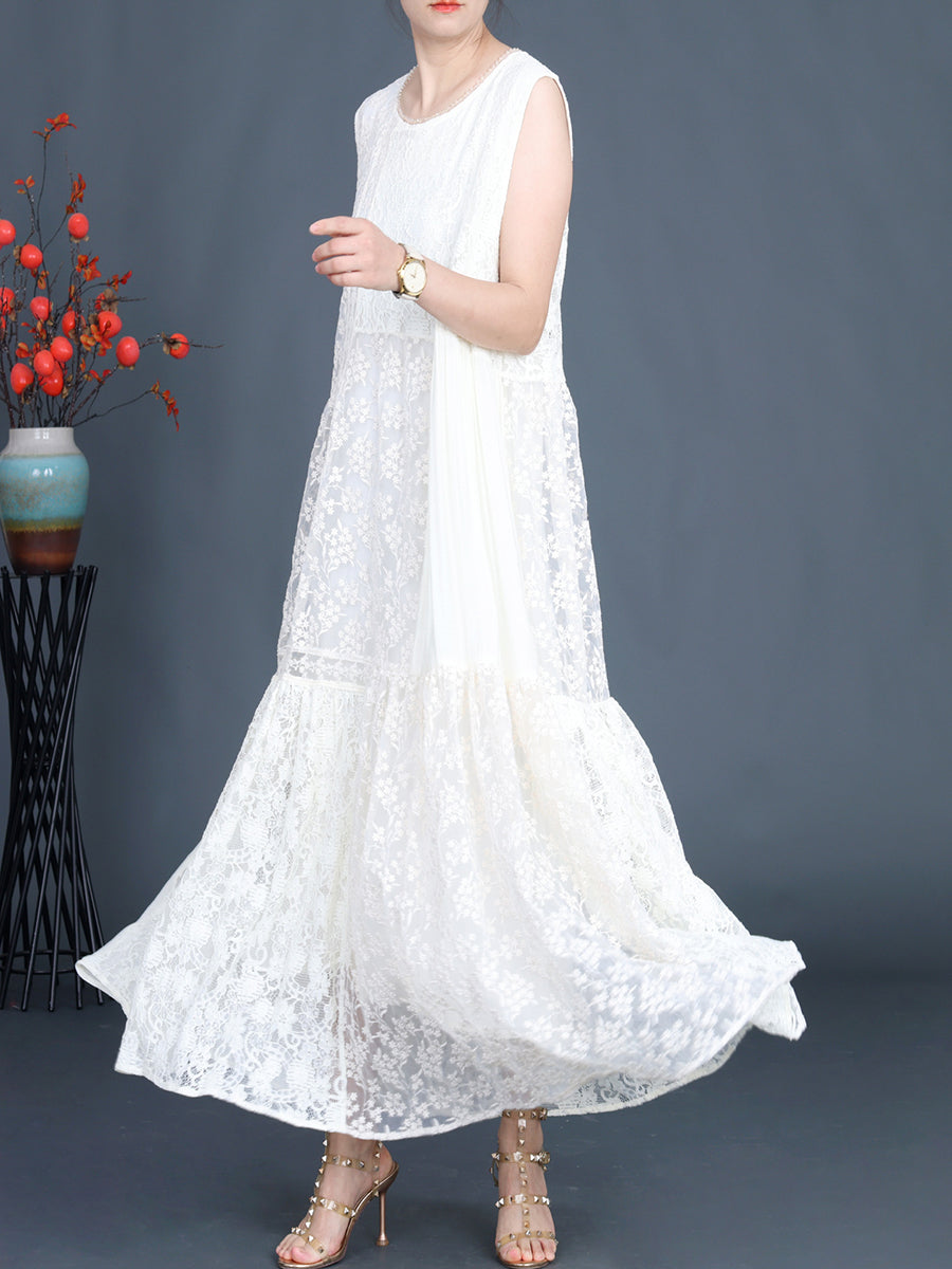 Women Artsy Summer Lace Embroidery Dual-layer Vest Dress ZZ1024