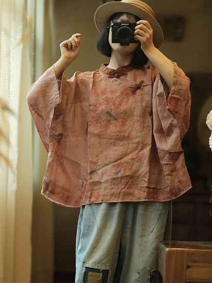 Women Summer Vintage Floral Spliced Ramie Shirt ZZ1017