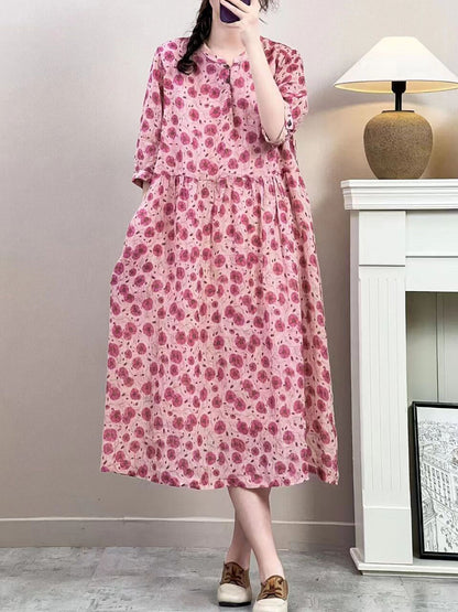 Women Summer Vintage Floral Ramie Loose Dress ZZ1019