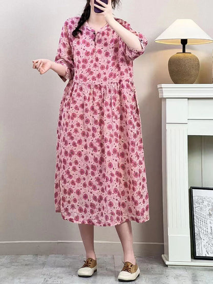 Women Summer Vintage Floral Ramie Loose Dress ZZ1019