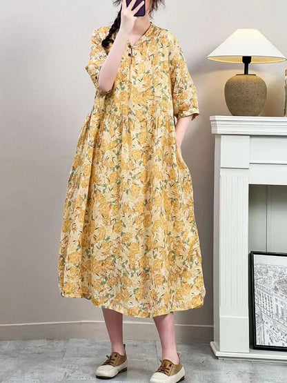 Women Summer Vintage Floral Ramie Loose Dress ZZ1019