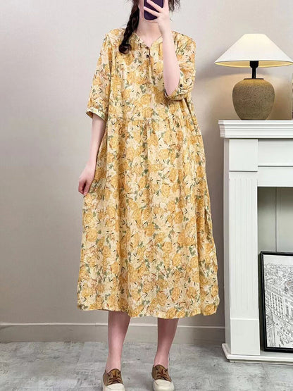 Women Summer Vintage Floral Ramie Loose Dress ZZ1019