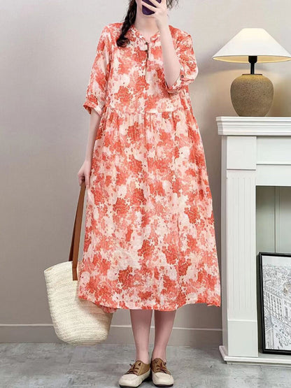 Women Summer Vintage Floral Ramie Loose Dress ZZ1019