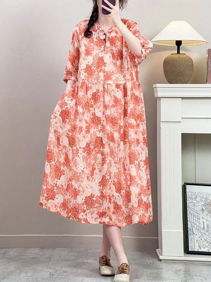 Women Summer Vintage Floral Ramie Loose Dress ZZ1019