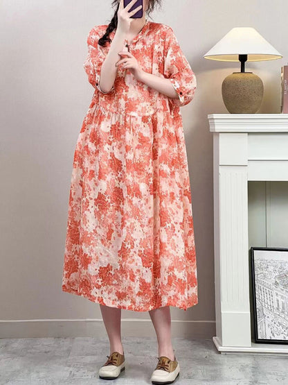 Women Summer Vintage Floral Ramie Loose Dress ZZ1019