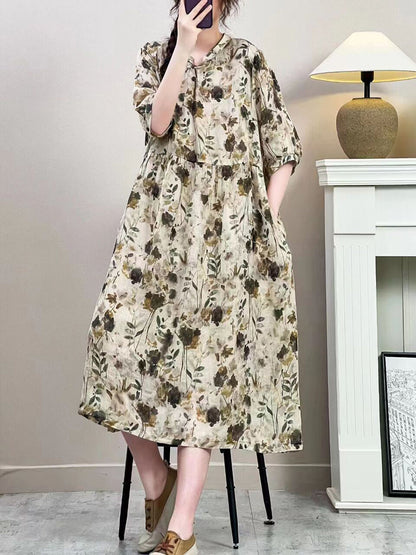 Women Summer Vintage Floral Ramie Loose Dress ZZ1019