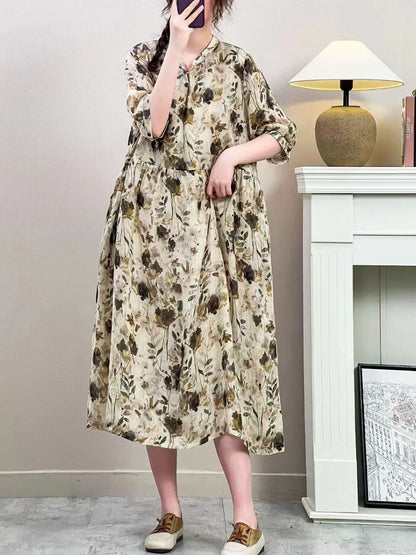 Women Summer Vintage Floral Ramie Loose Dress ZZ1019