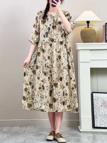 Women Summer Vintage Floral Ramie Loose Dress ZZ1019