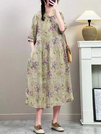 Women Summer Vintage Floral Ramie Loose Dress ZZ1019