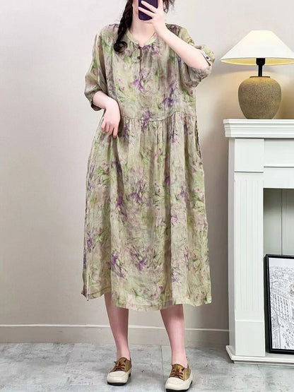 Women Summer Vintage Floral Ramie Loose Dress ZZ1019