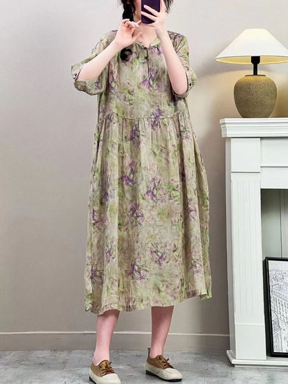 Women Summer Vintage Floral Ramie Loose Dress ZZ1019