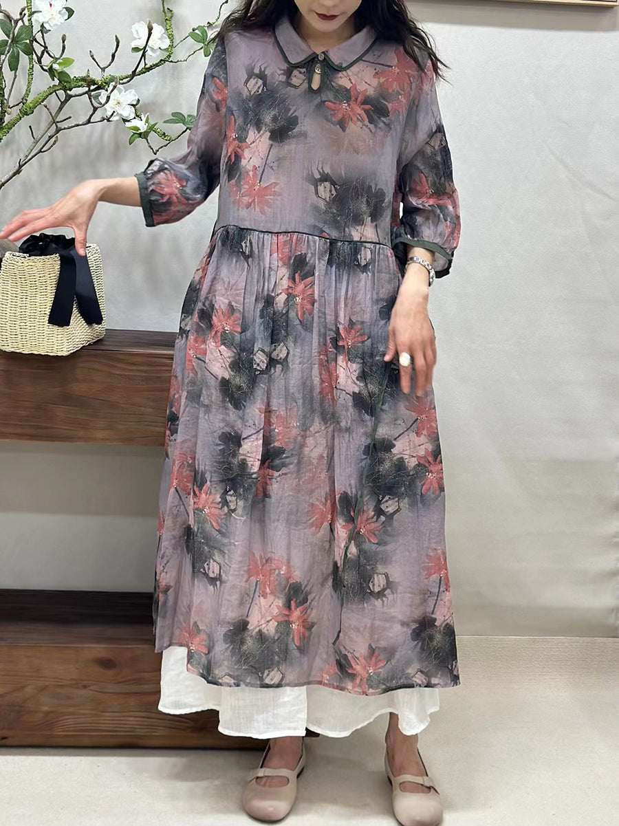 Robe d'été en ramie à col rabattu et à fleurs vintage pour femmes ZZ1022