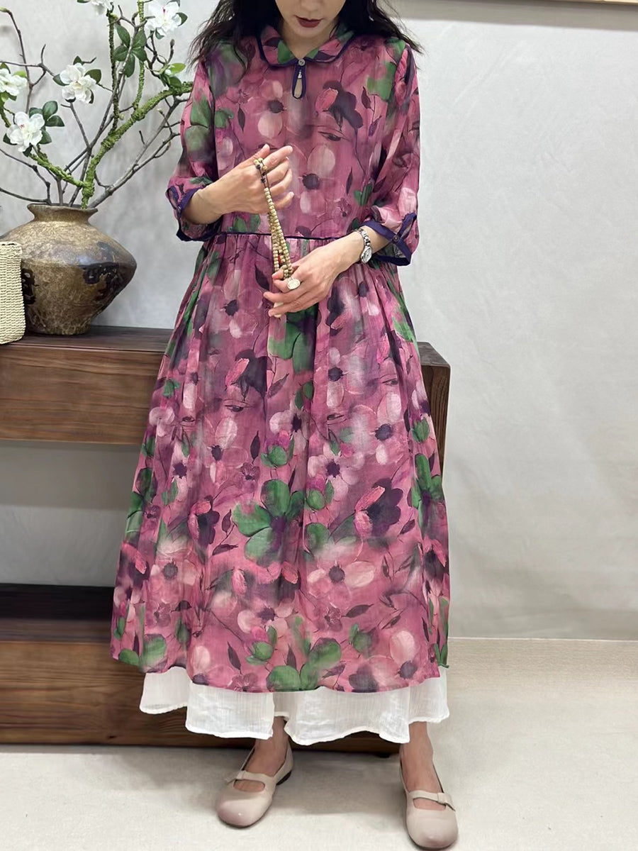 Robe d'été en ramie à col rabattu et à fleurs vintage pour femmes ZZ1022