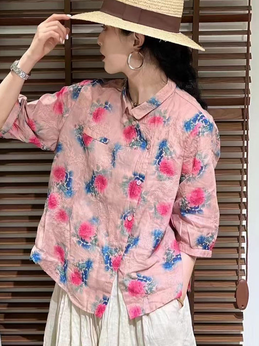 Chemise d'été boutonnée en ramie à fleurs vintage pour femmes ZZ1026