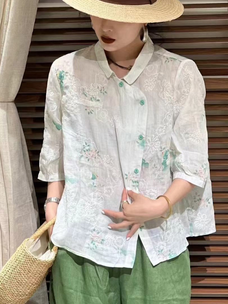 Chemise d'été boutonnée en ramie à fleurs vintage pour femmes ZZ1026