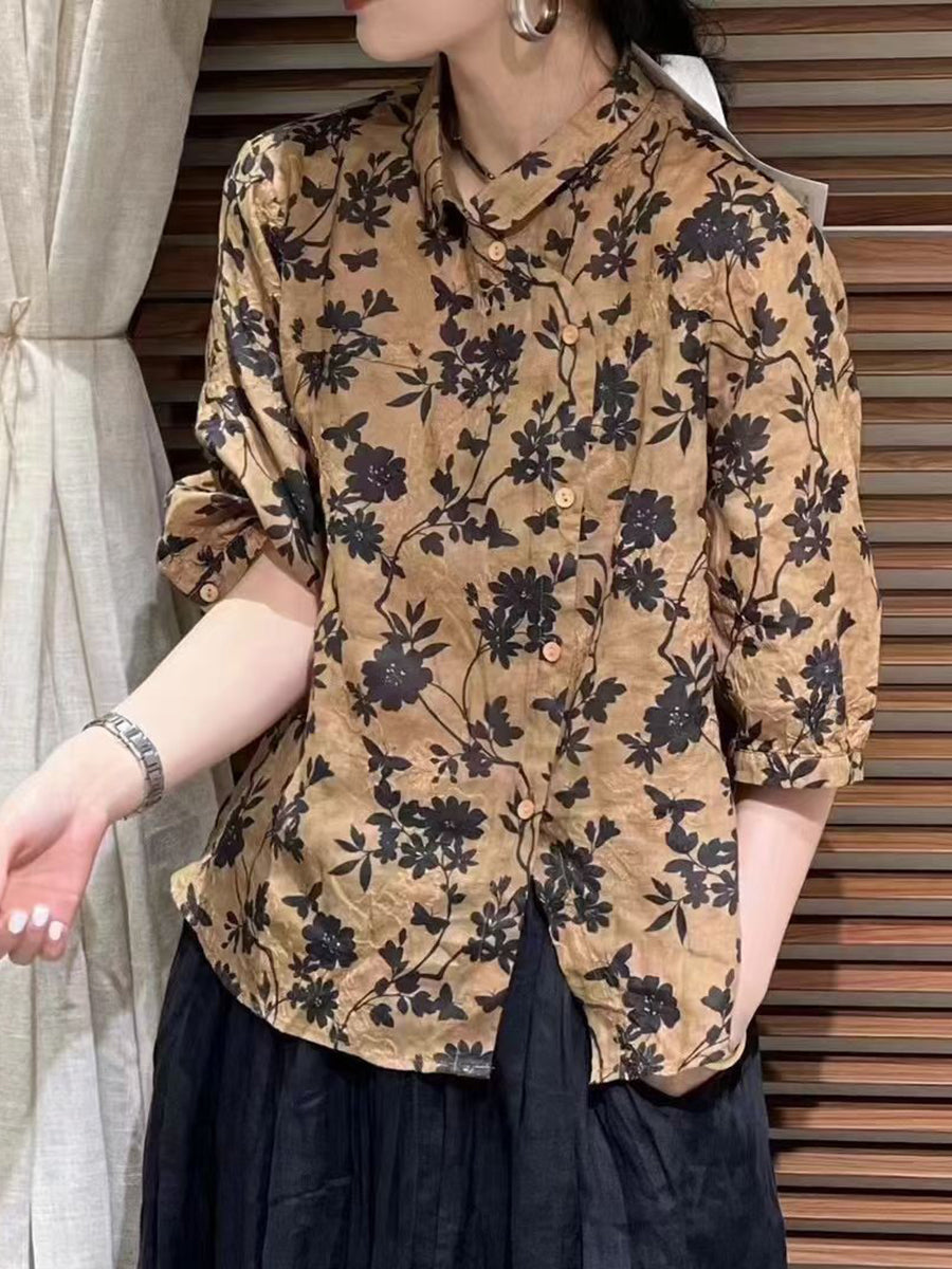 Chemise d'été boutonnée en ramie à fleurs vintage pour femmes ZZ1026