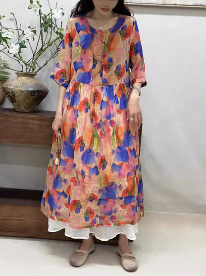 Women Summer Artsy Flower Loose Ramie Half-Sleeve Dress ZZ1033