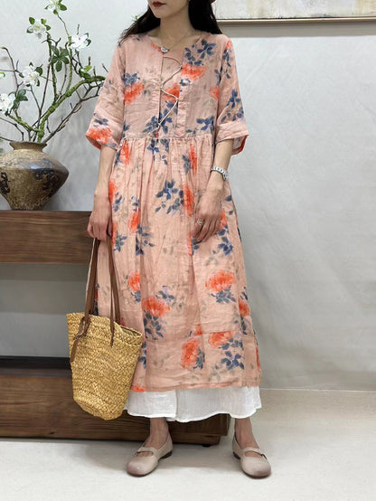 Women Summer Artsy Flower Loose Ramie Half-Sleeve Dress ZZ1033