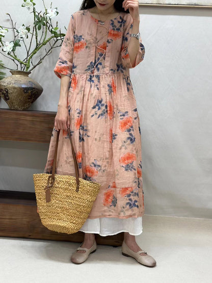 Women Summer Artsy Flower Loose Ramie Half-Sleeve Dress ZZ1033