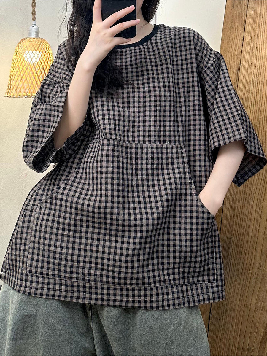 Women Summer Vintage Plaid Spliced Linen Shirt ZZ1043