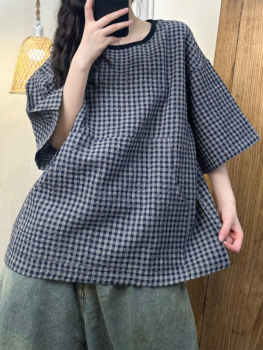 Women Summer Vintage Plaid Spliced Linen Shirt ZZ1043