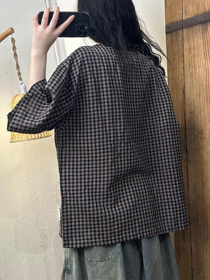 Women Summer Vintage Plaid Spliced Linen Shirt ZZ1043