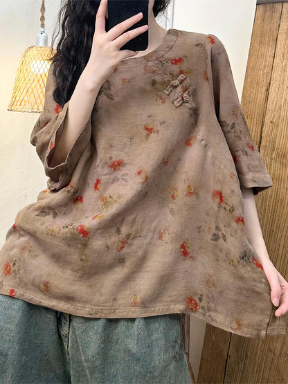 Women Summer Vintage Floral O-Neck Buckle Cotton Shirt ZZ1044