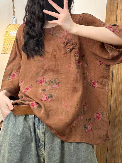 Women Summer Vintage Floral O-Neck Buckle Cotton Shirt ZZ1044