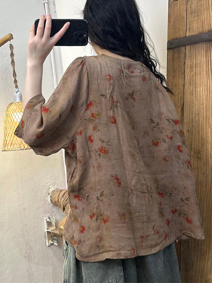 Women Summer Vintage Floral O-Neck Buckle Cotton Shirt ZZ1044