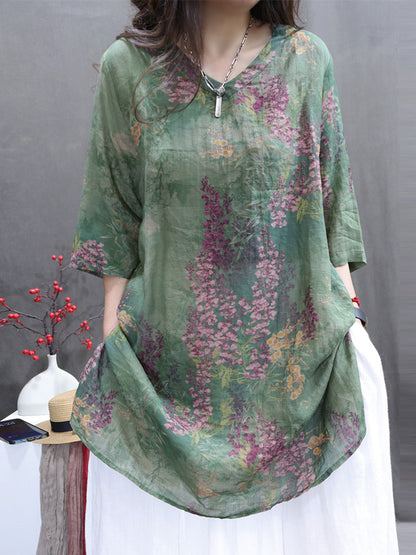 Women Summer Vintage Flower V-Neck Ramie Long Shirt BN1036