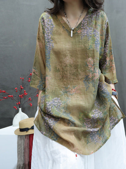 Women Summer Vintage Flower V-Neck Ramie Long Shirt BN1036