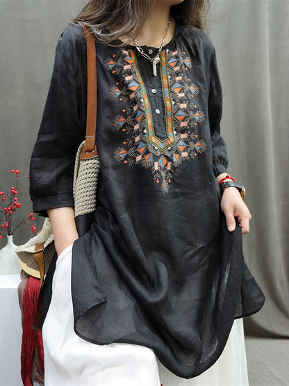 Women Summer Retro Embroidery O-Neck Ramie Shirt AH705