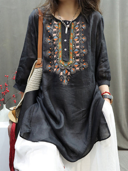 Women Summer Retro Embroidery O-Neck Ramie Shirt AH705