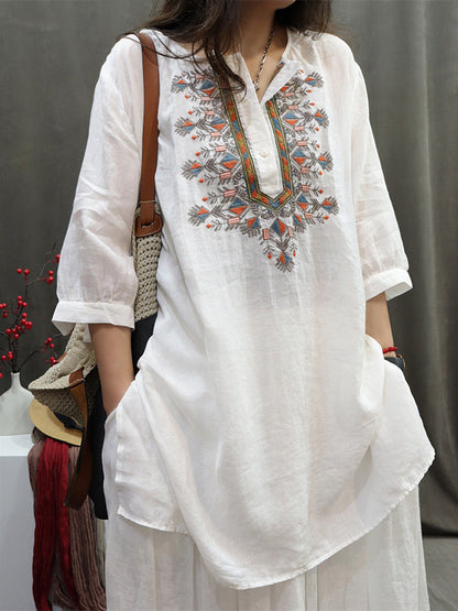 Women Summer Retro Embroidery O-Neck Ramie Shirt AH705