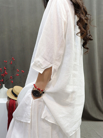 Women Summer Retro Embroidery O-Neck Ramie Shirt AH705