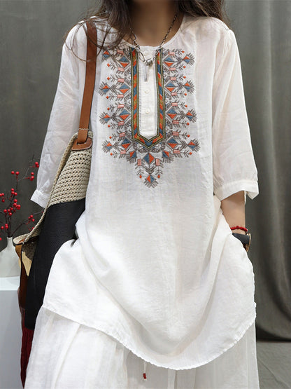 Women Summer Retro Embroidery O-Neck Ramie Shirt AH705