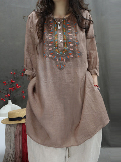 Women Summer Retro Embroidery O-Neck Ramie Shirt AH705