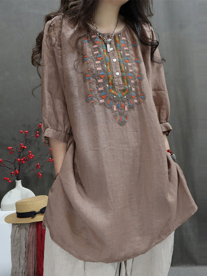 Women Summer Retro Embroidery O-Neck Ramie Shirt AH705