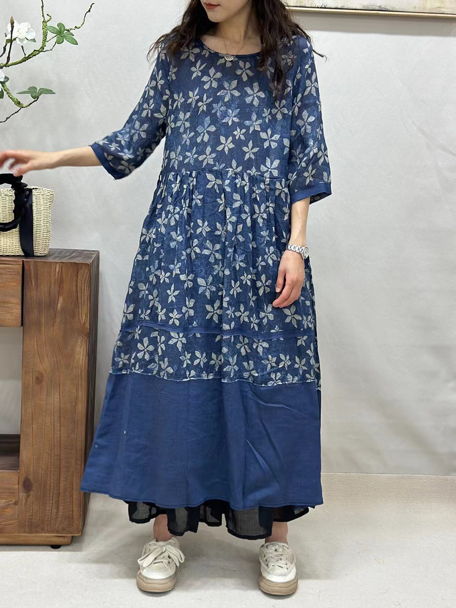 Robe d'été vintage en ramie épissée à fleurs pour femmes CV1043